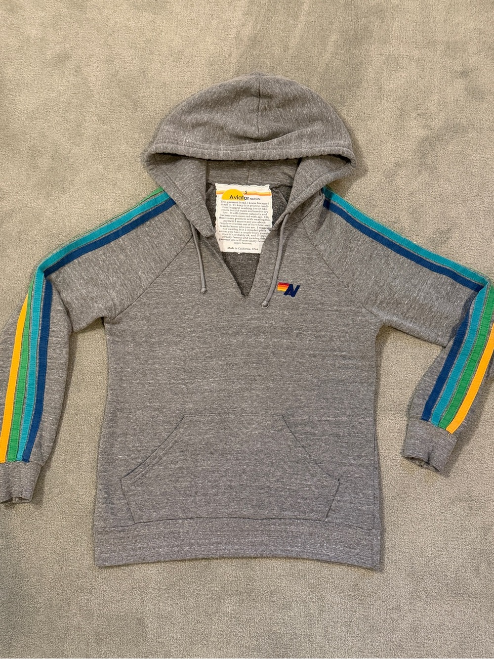 Aviator Nation - Heather Gray Hoodie - Rainbow Stripe Sleeves - Women’s Small - Picture 7 of 10